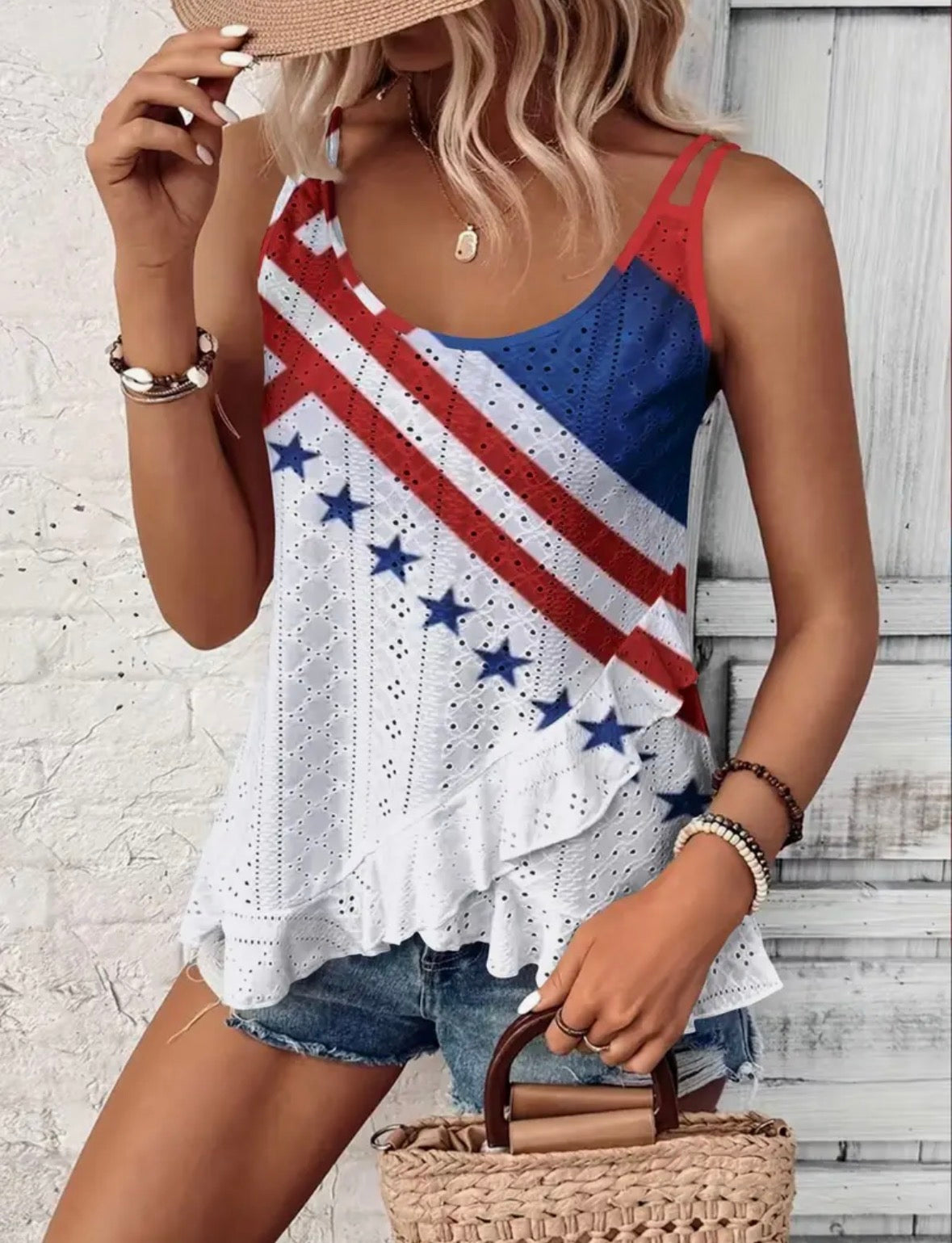 American Flag Diagonal Stripe Star Print with Ruffle Hem Tank Top