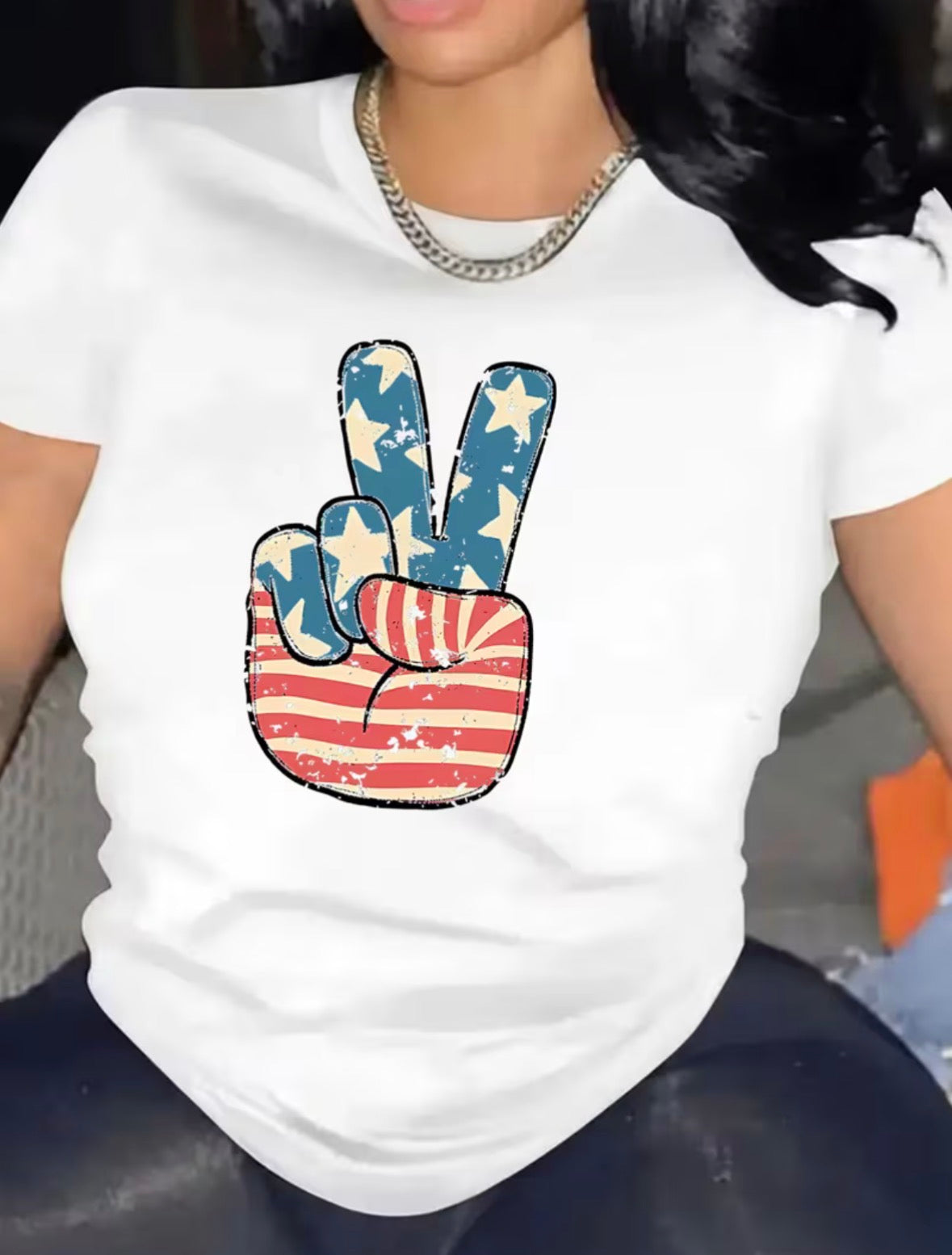 Short Sleeve Graphic T-shirt - American Flag Peace Sign