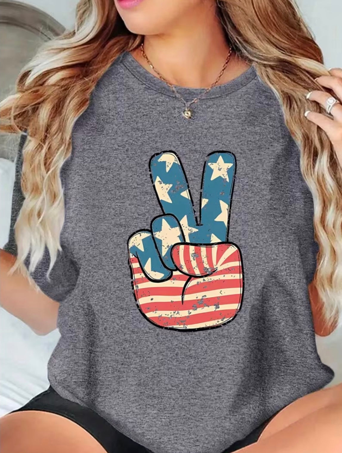 Short Sleeve Graphic T-shirt - American Flag Peace Sign