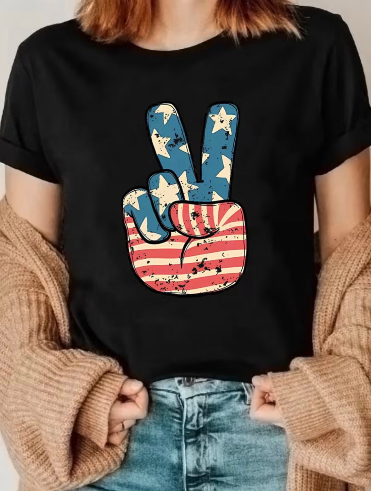 Short Sleeve Graphic T-shirt - American Flag Peace Sign