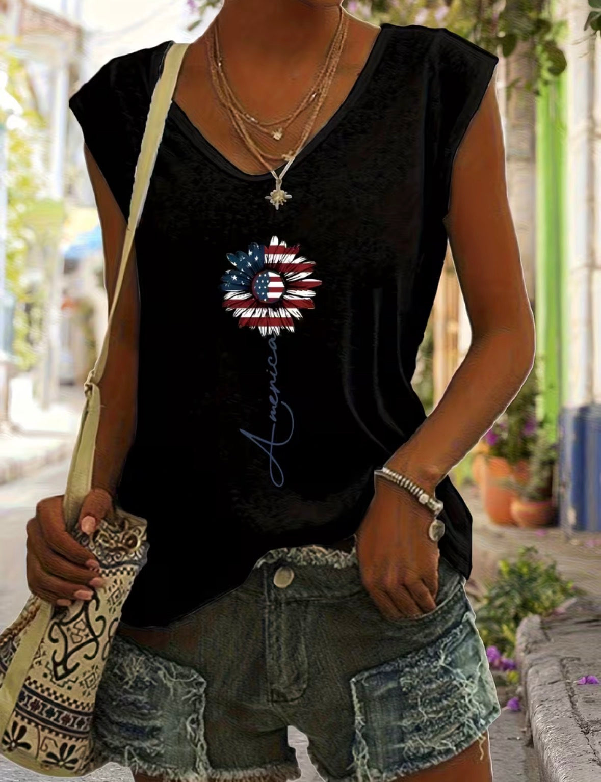 Short Sleeve V-neck Graphic T-shirt - American Flag Flower