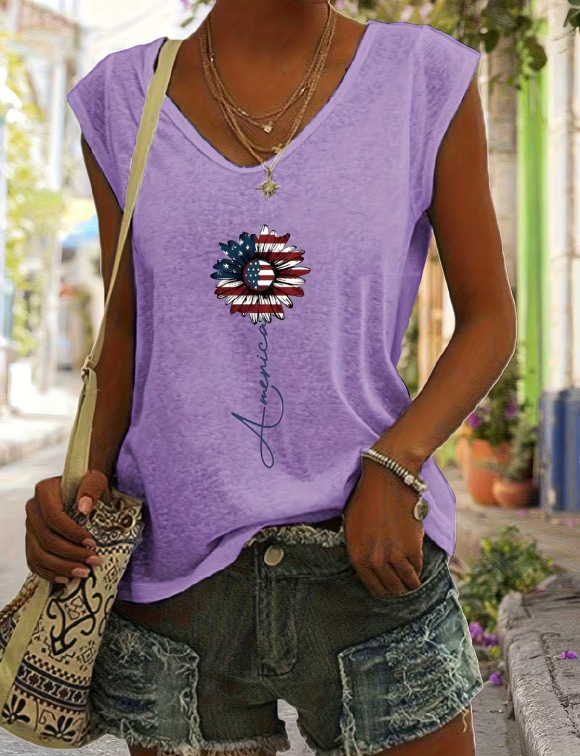 Short Sleeve V-neck Graphic T-shirt - American Flag Flower
