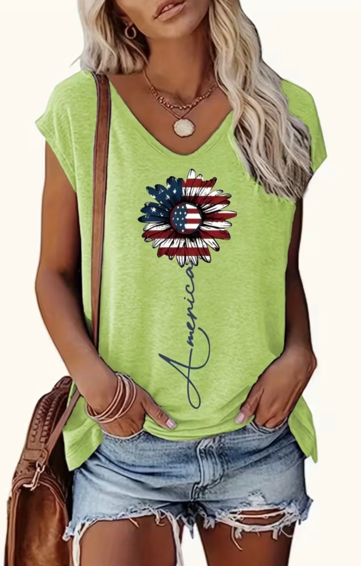 Short Sleeve V-neck Graphic T-shirt - American Flag Flower