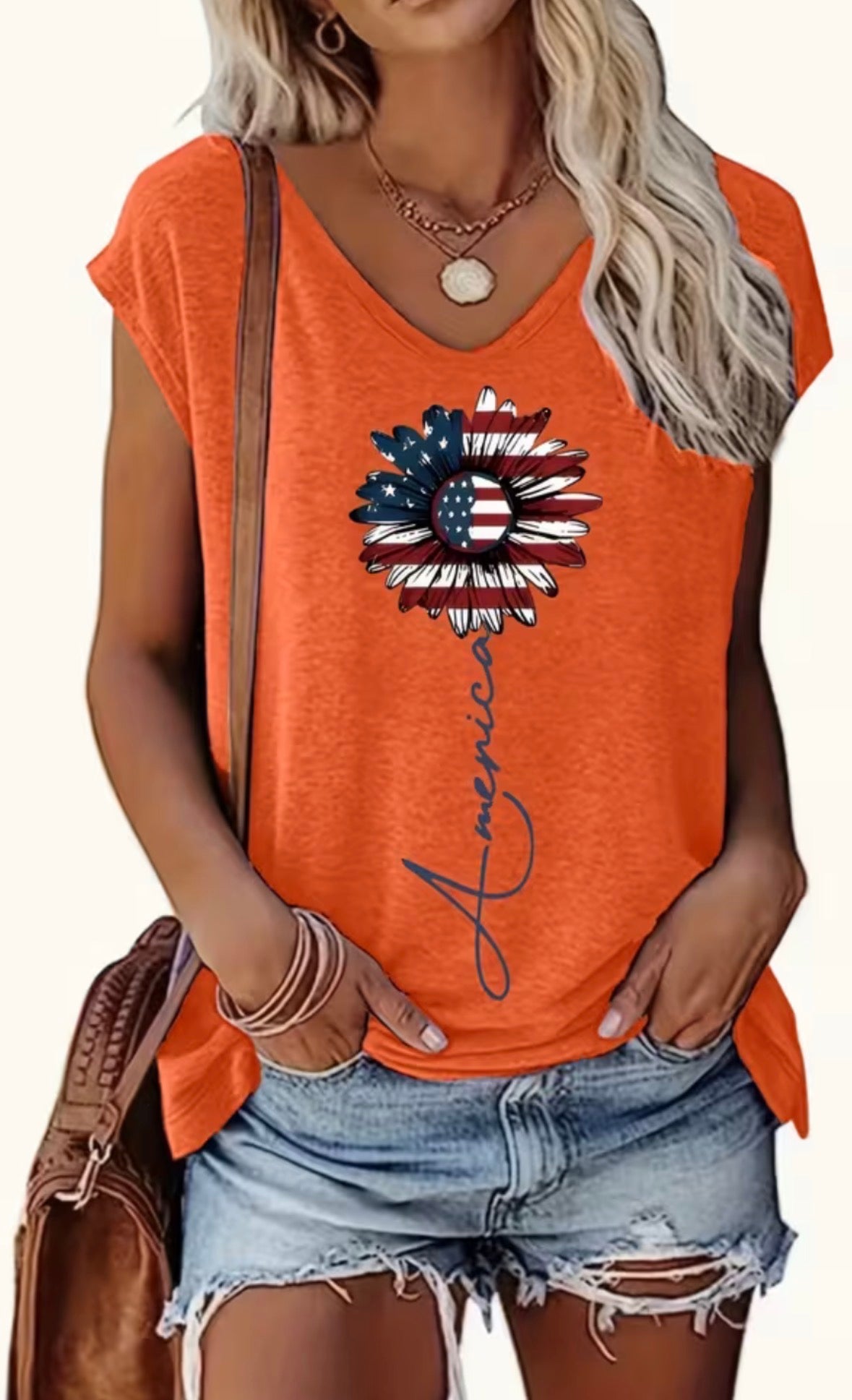 Short Sleeve V-neck Graphic T-shirt - American Flag Flower