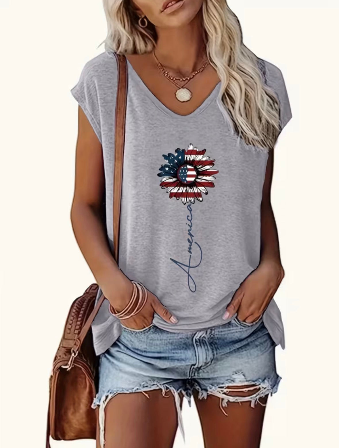 Short Sleeve V-neck Graphic T-shirt - American Flag Flower