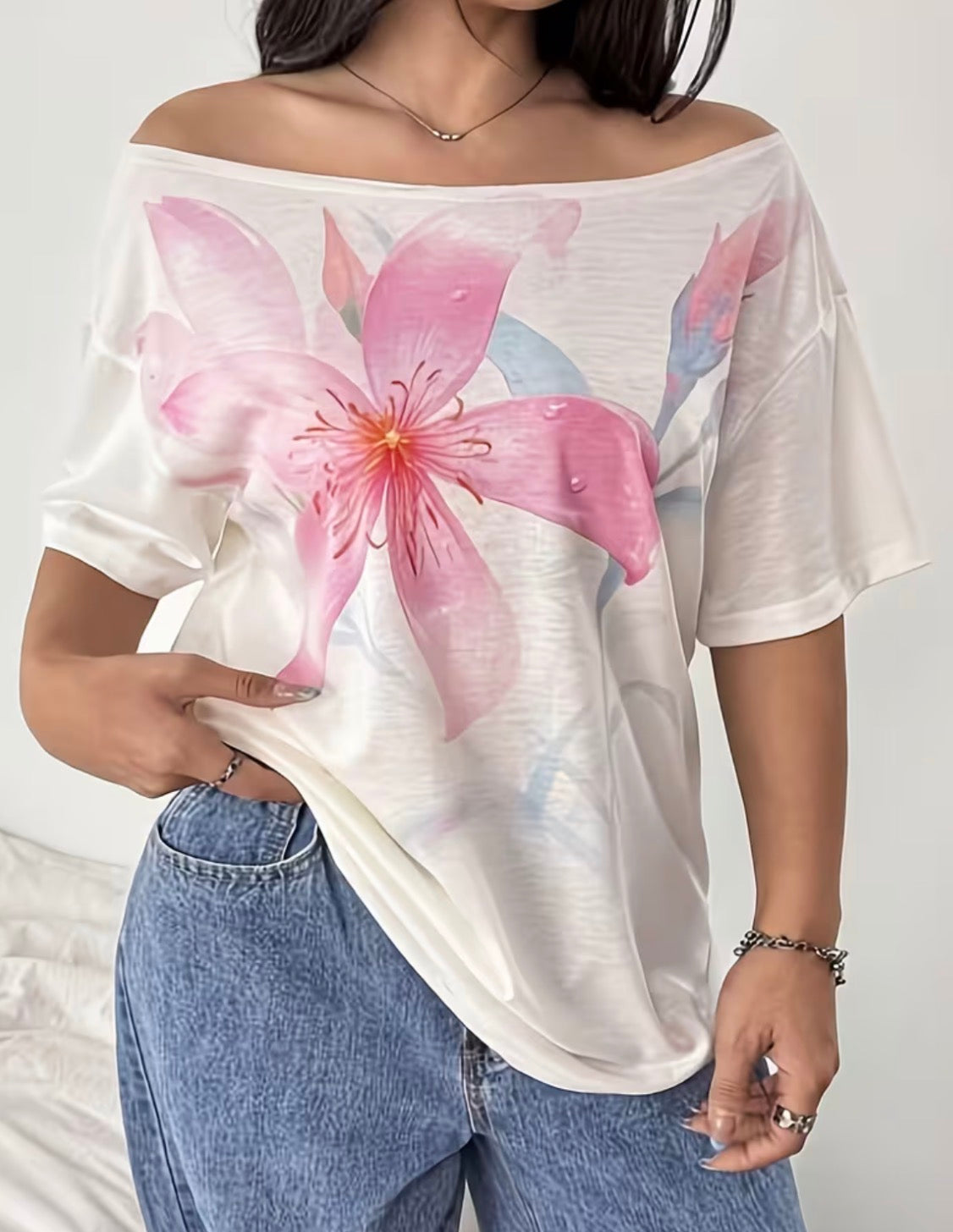 Plus Size Short Sleeve Off-Shoulder Floral Art Print Loose T-Shirt