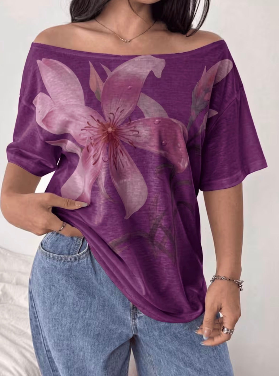 Plus Size Short Sleeve Off-Shoulder Floral Art Print Loose T-Shirt