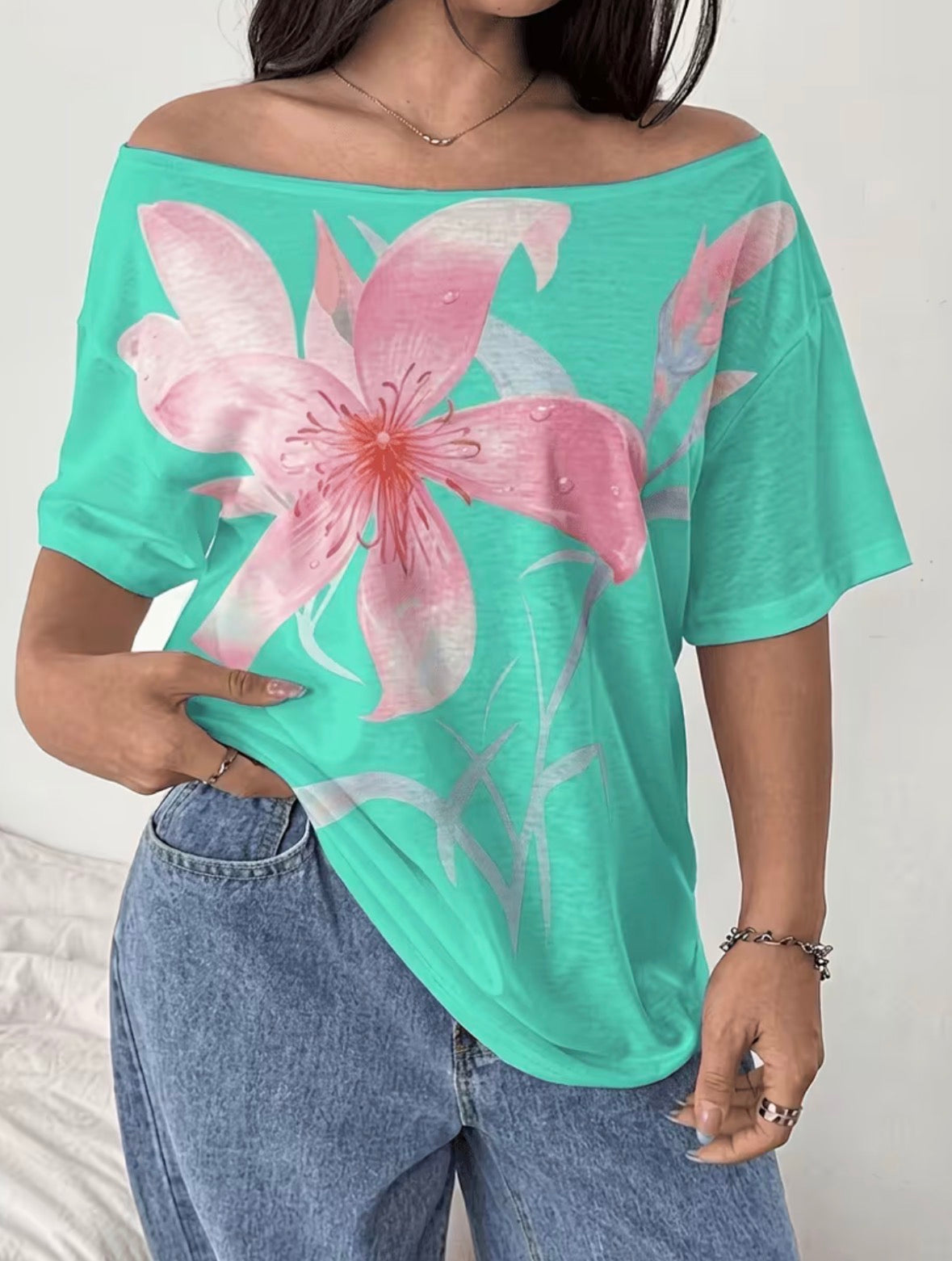 Plus Size Short Sleeve Off-Shoulder Floral Art Print Loose T-Shirt