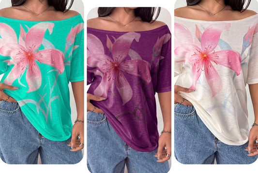 Plus Size Short Sleeve Off-Shoulder Floral Art Print Loose T-Shirt