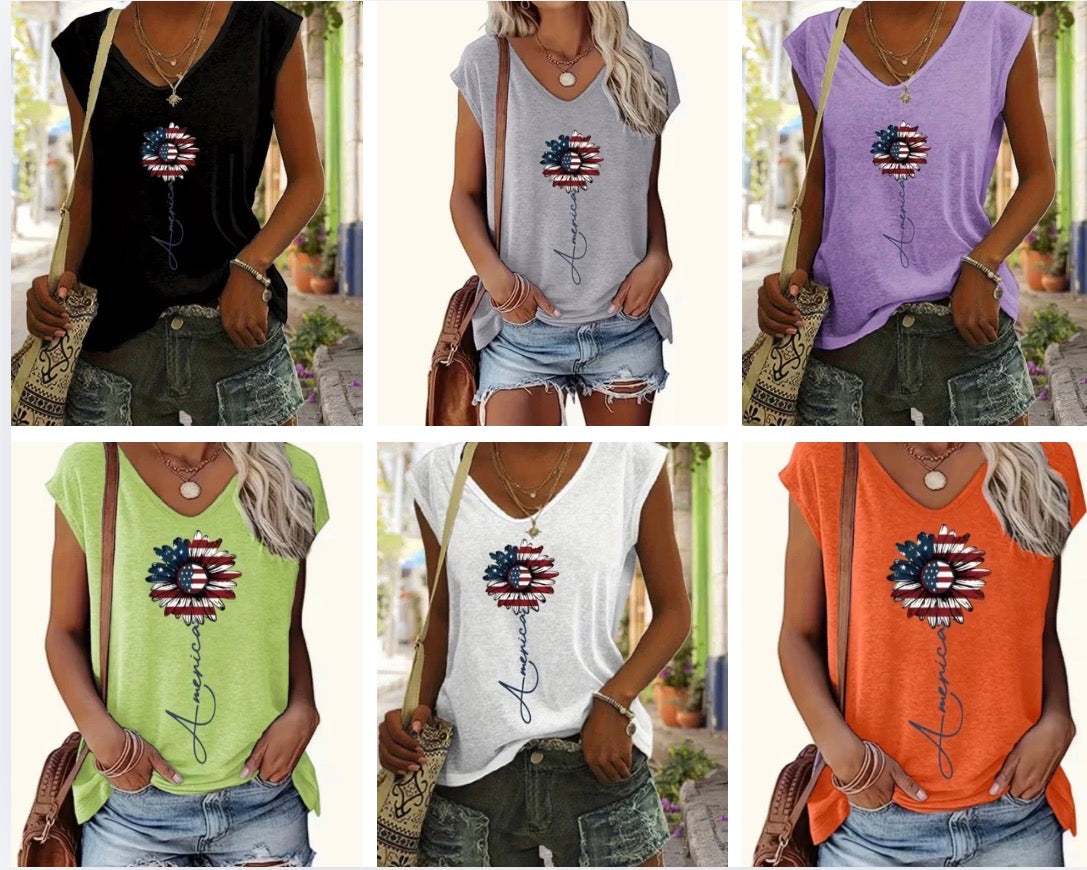 Short Sleeve V-neck Graphic T-shirt - American Flag Flower