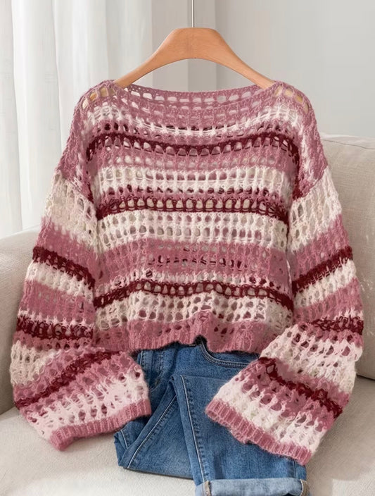 Plus Size Striped Openwork Long Sleeve Pullover Sweater