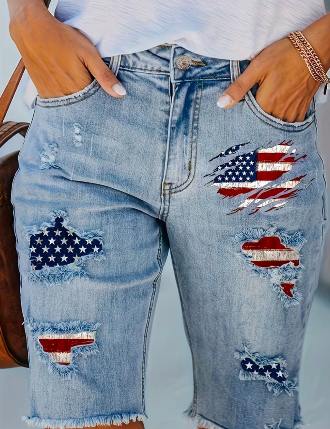 Mid-Rise And Raw Hem Long Jean Shorts with American Flag Design