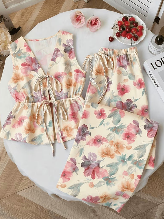 Artistic Oil Painting Floral V-Neck Sleeveless Top with Loose Wide-Leg Pants Loungewear Set