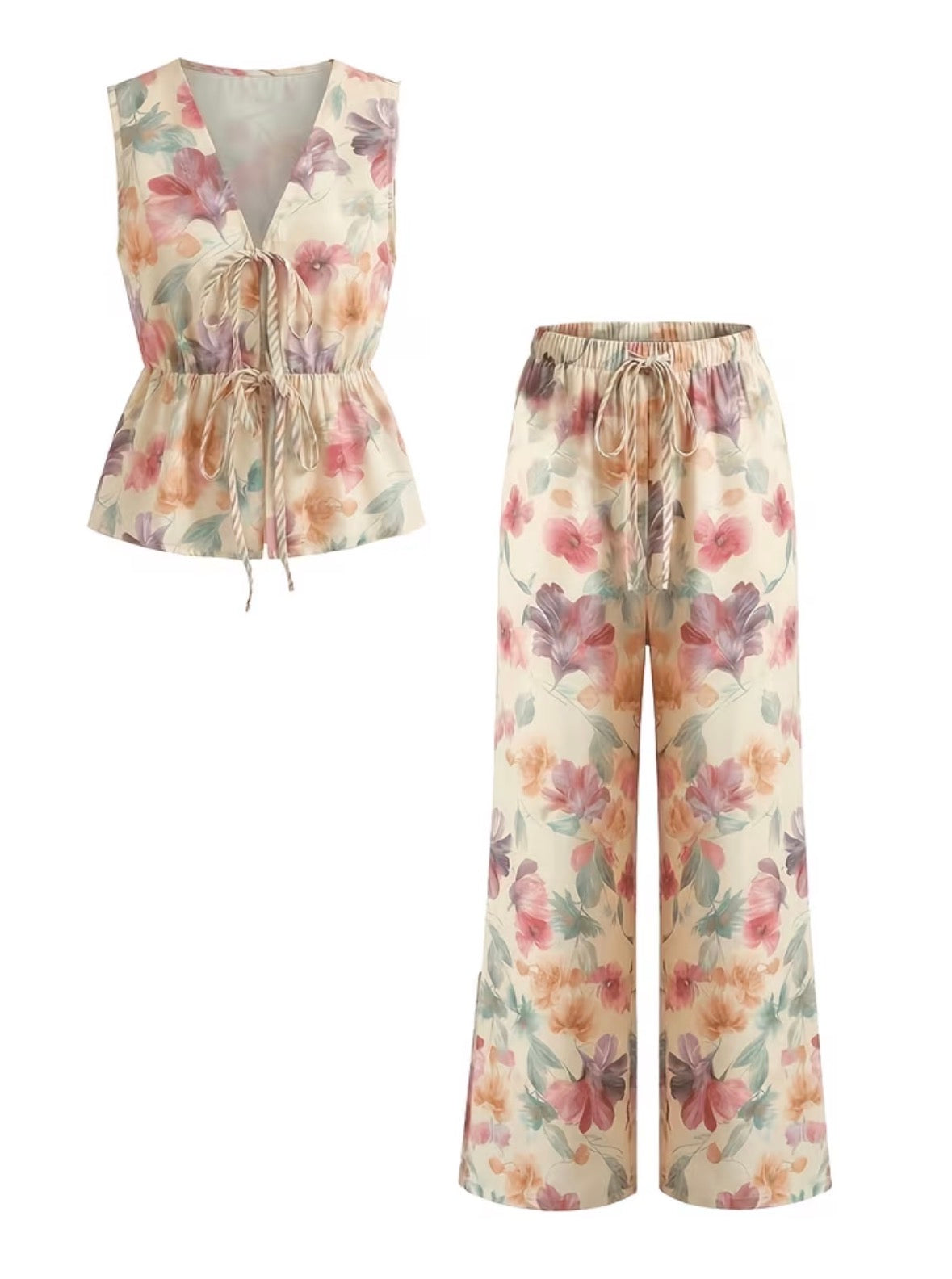 Artistic Oil Painting Floral V-Neck Sleeveless Top with Loose Wide-Leg Pants Loungewear Set