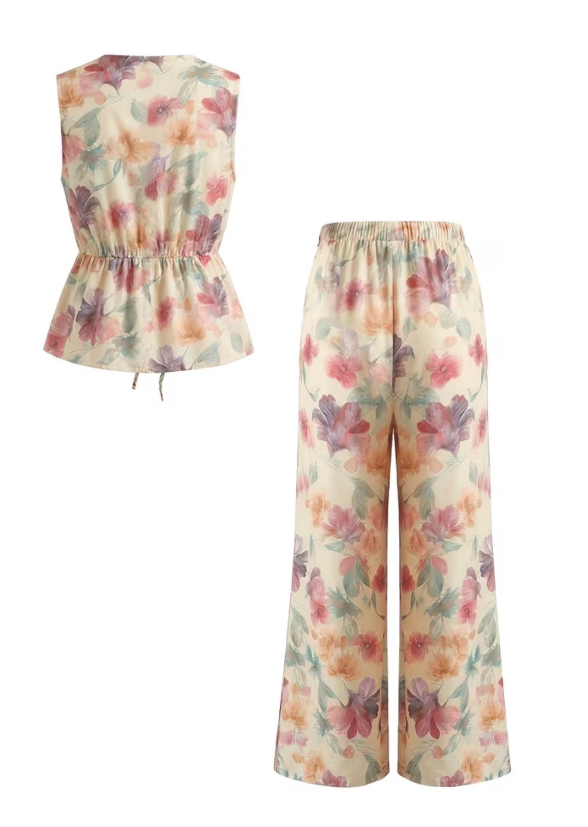 Artistic Oil Painting Floral V-Neck Sleeveless Top with Loose Wide-Leg Pants Loungewear Set