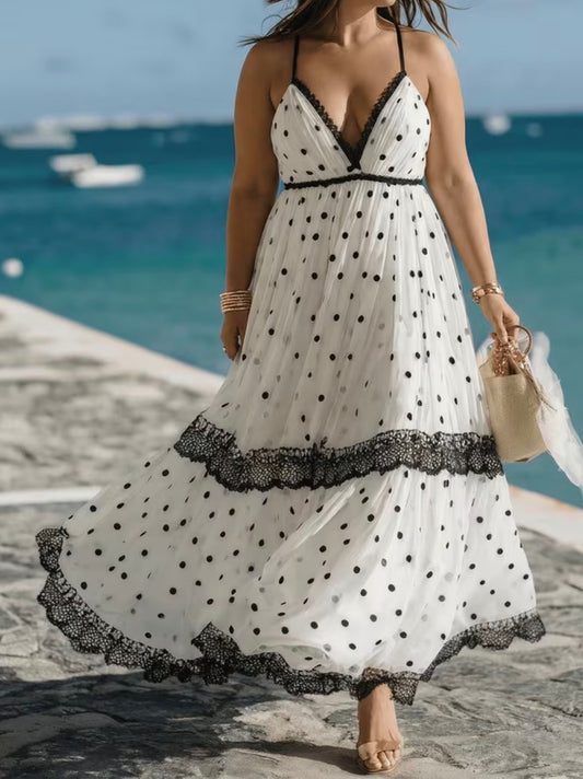 Plus Size Halter Deep V Polka Dot Lace Insert Flowy Maxi Dress