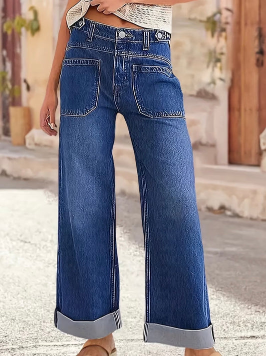Trendy High Waisted Wide-Leg Jeans Featuring Patch Front Pockets