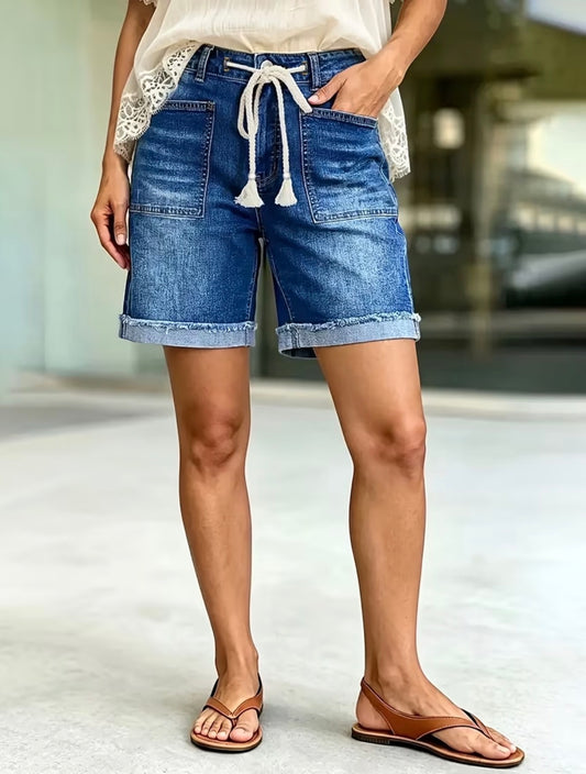 Dark Wash Mid-Rise Denim Shorts with Drawstring Waist and Raw Hem