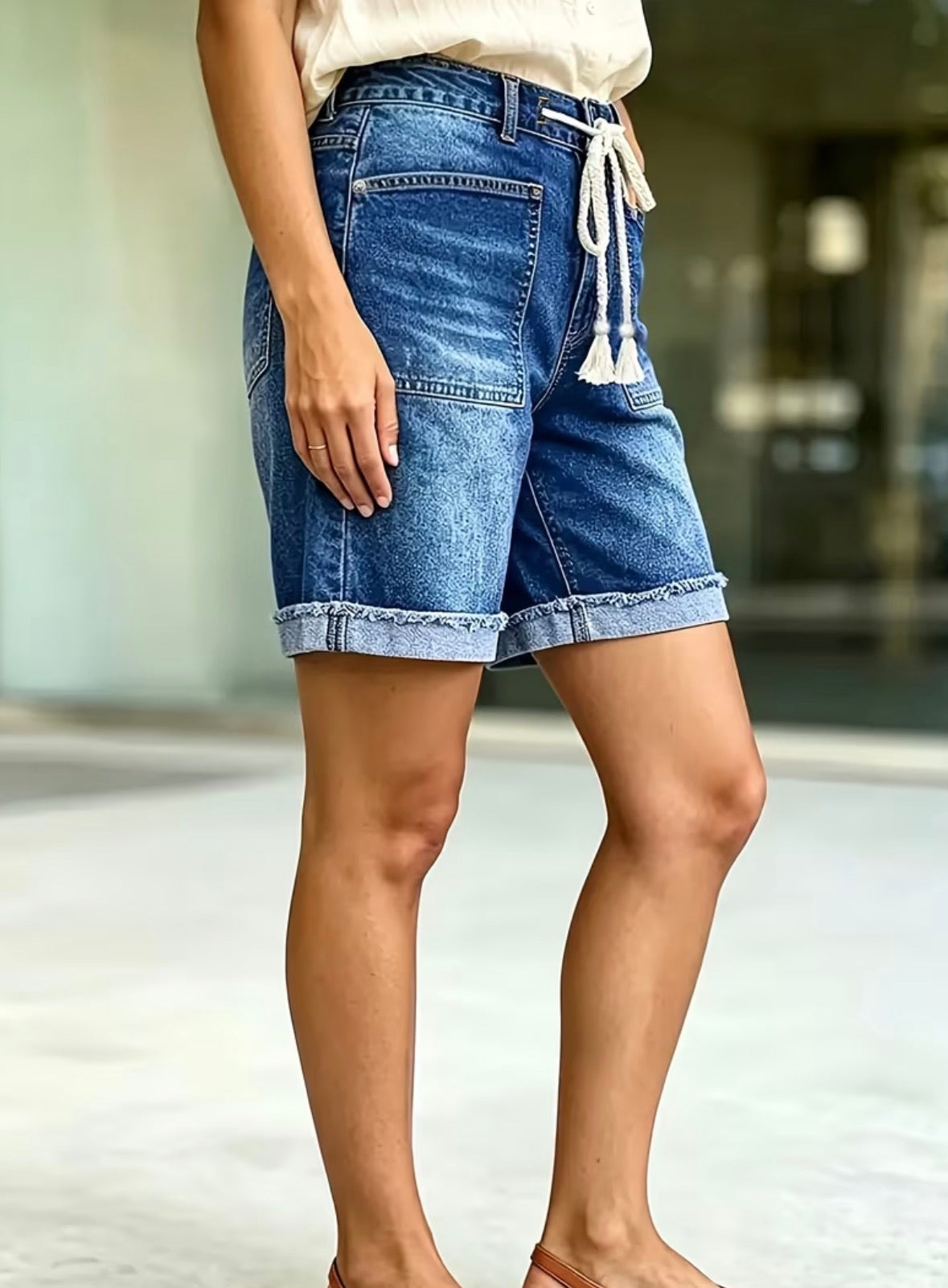 Dark Wash Mid-Rise Denim Shorts with Drawstring Waist and Raw Hem