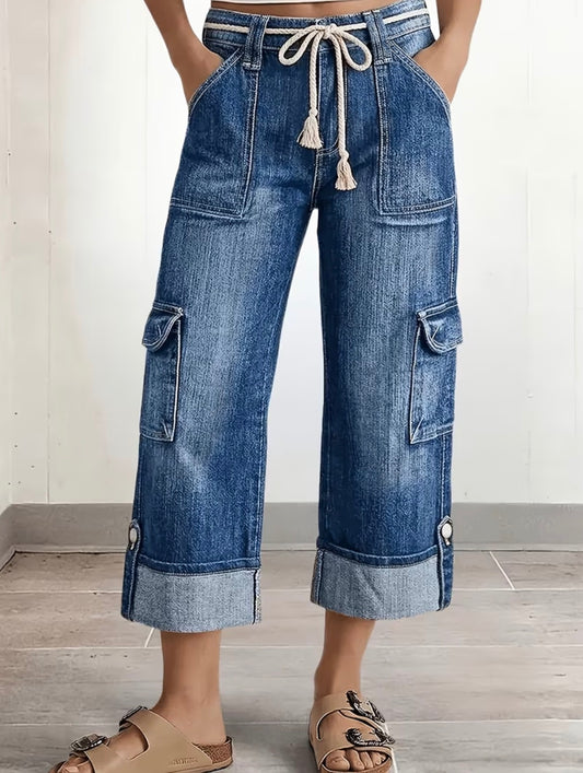 Loose Wide Leg Rolled Edge Pocket Cropped Jeans