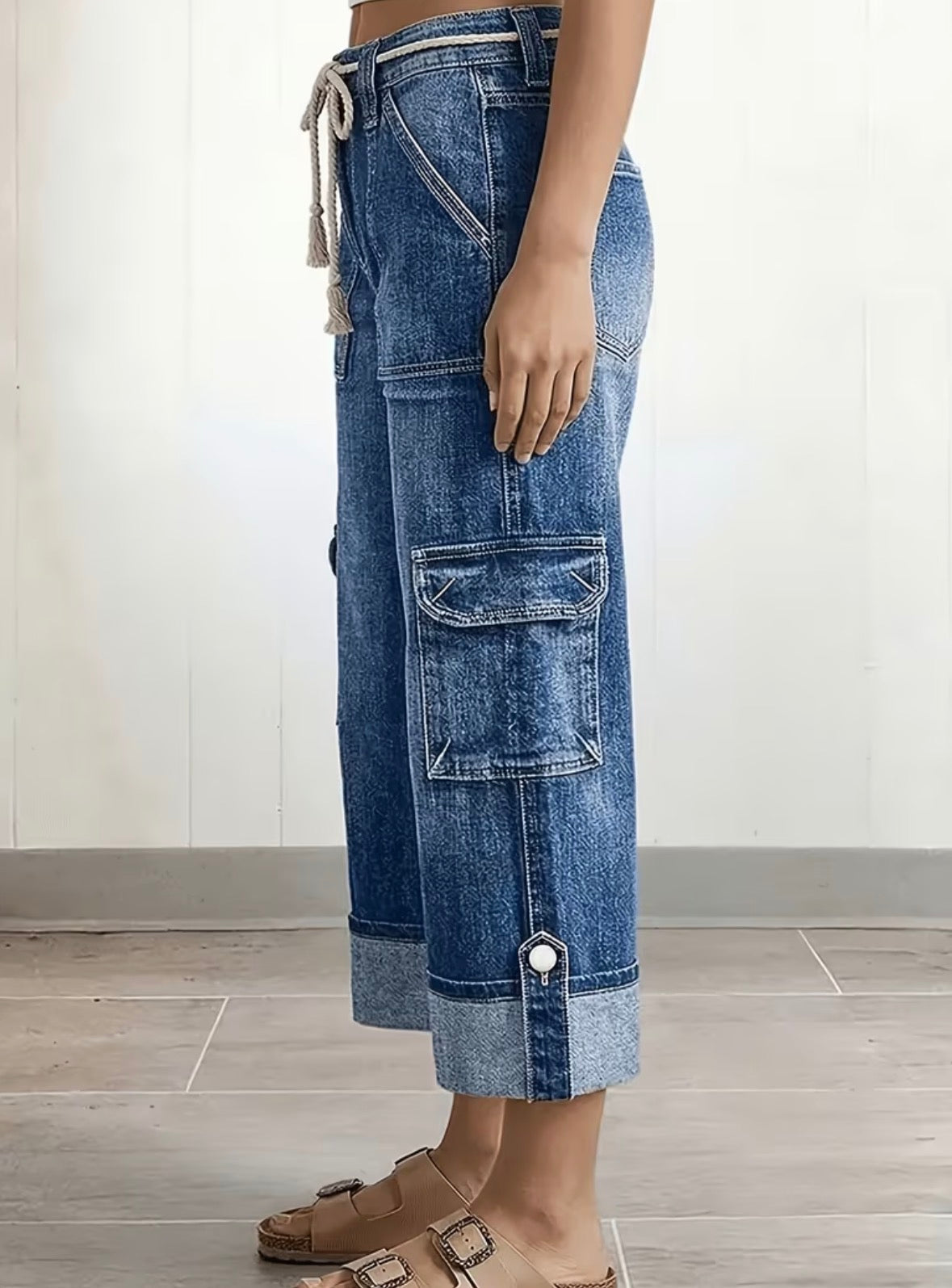 Loose Wide Leg Rolled Edge Pocket Cropped Jeans