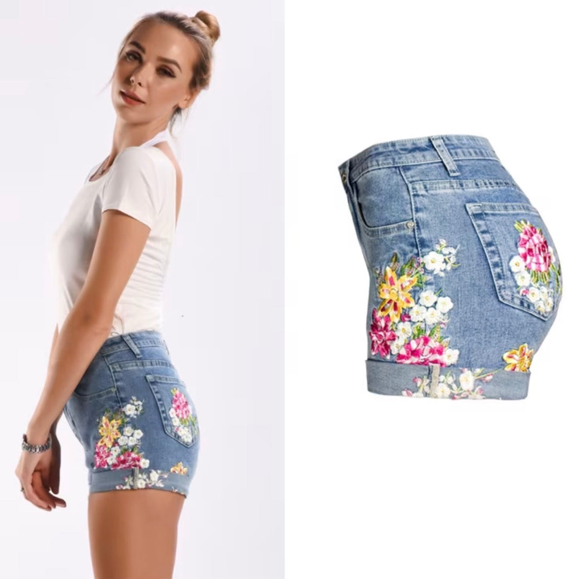 Plus-Size High-Waisted Wide-Leg Stretchy Denim Shorts with 3D Heavy Embroidery of Flowers