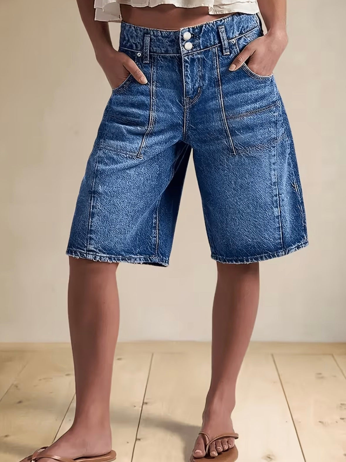 Wide-Leg Denim Bermuda Shorts with Double-Buckle Waistband and Multiple Pockets