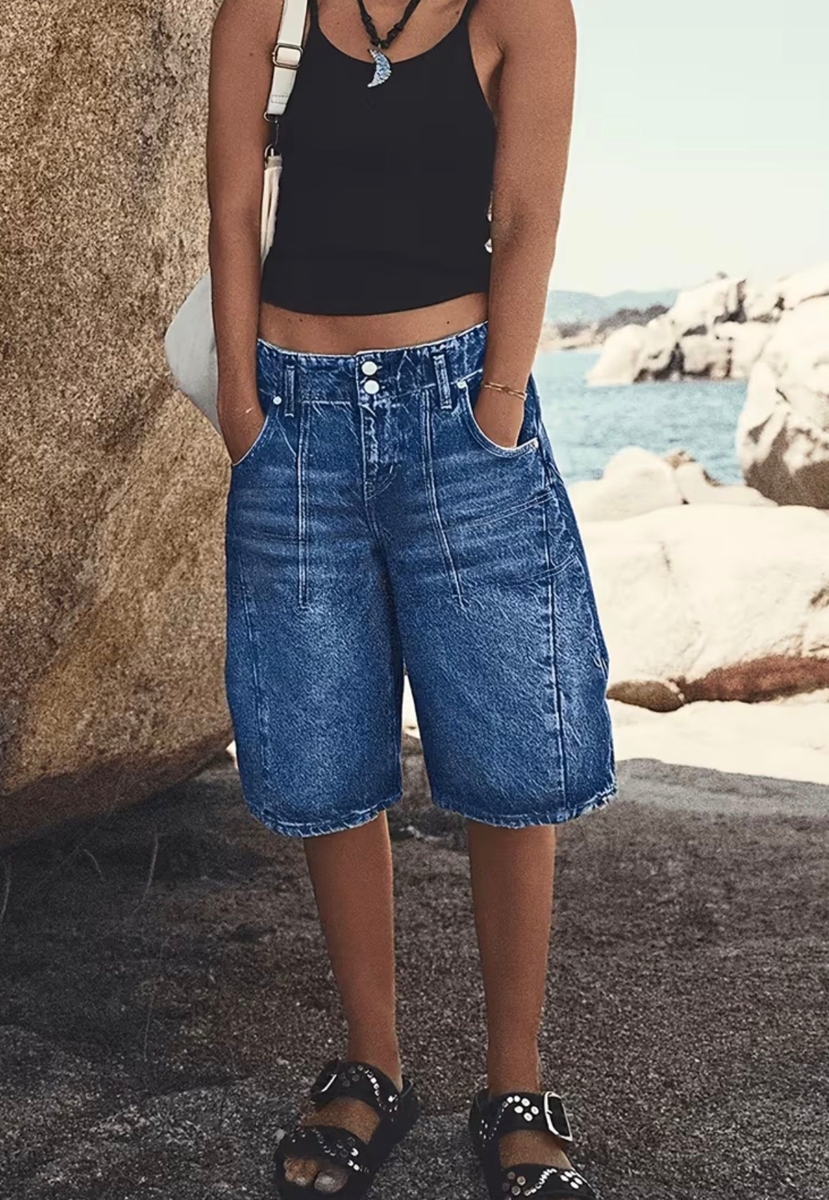 Wide-Leg Denim Bermuda Shorts with Double-Buckle Waistband and Multiple Pockets