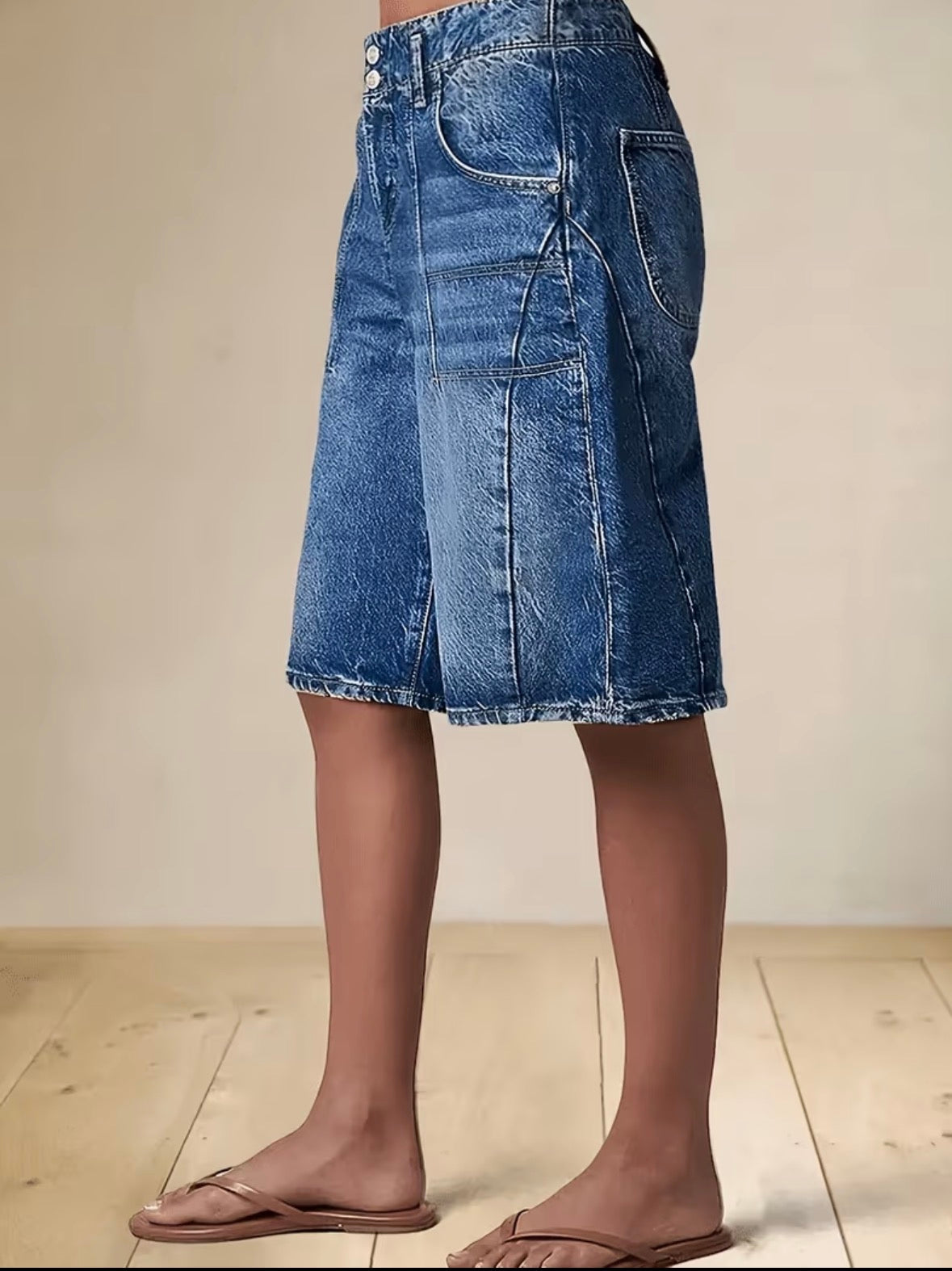 Wide-Leg Denim Bermuda Shorts with Double-Buckle Waistband and Multiple Pockets