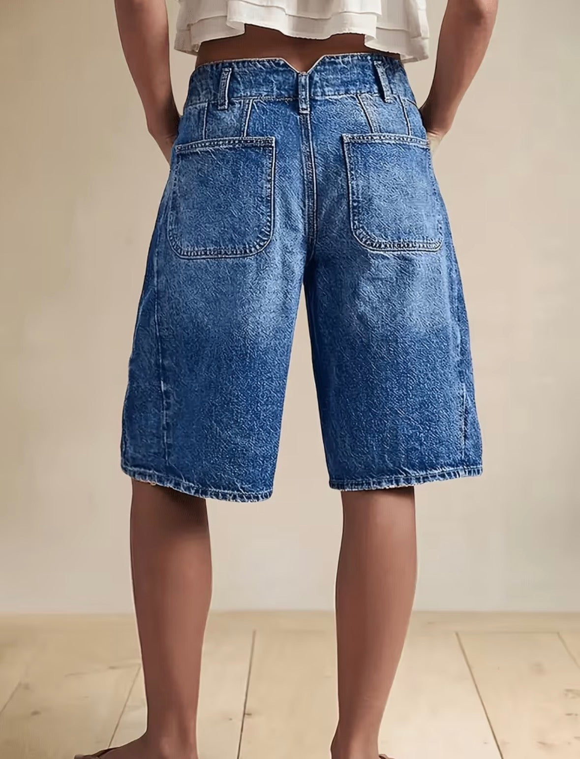 Wide-Leg Denim Bermuda Shorts with Double-Buckle Waistband and Multiple Pockets