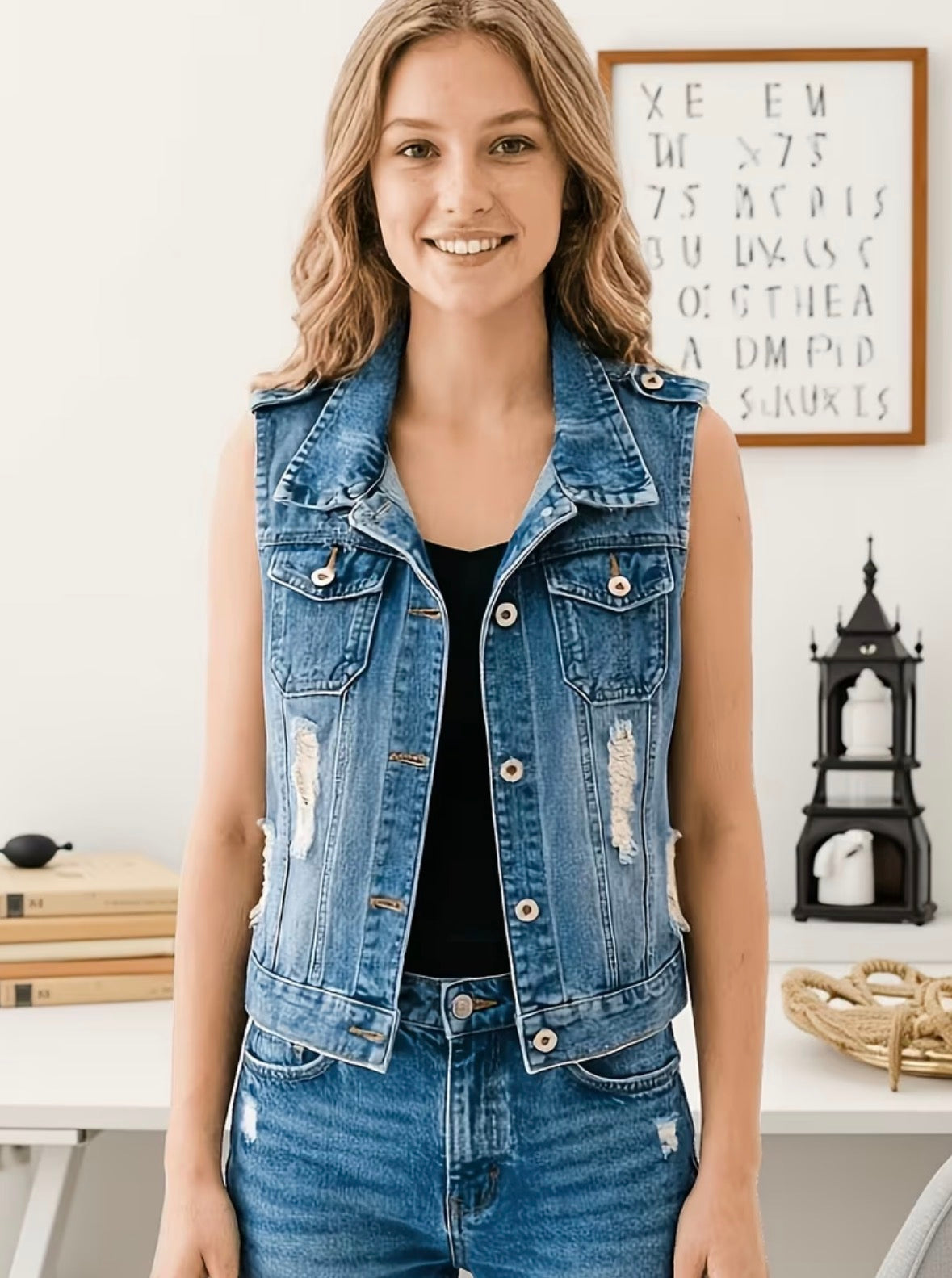 Plus Size Distressed Denim Vest