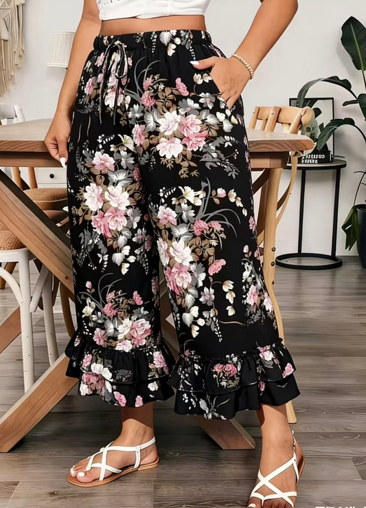 Plus Size Pants with Ruffled Hems And Pockets