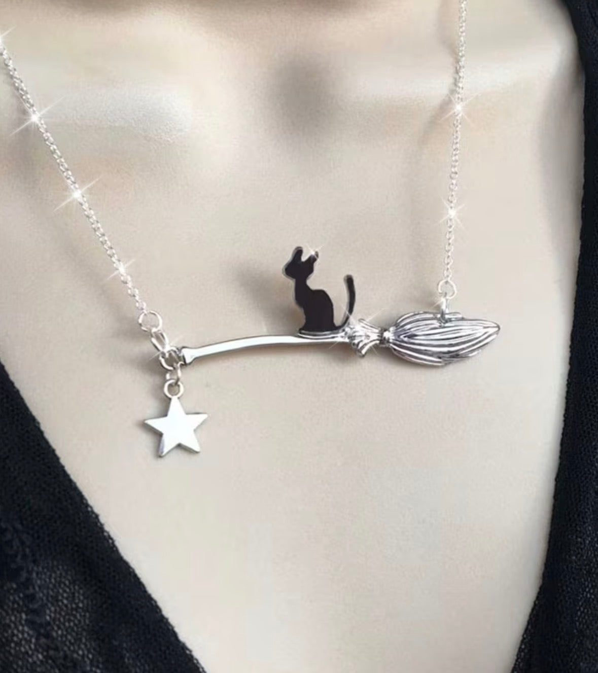 Black Cat Riding Broom Necklace