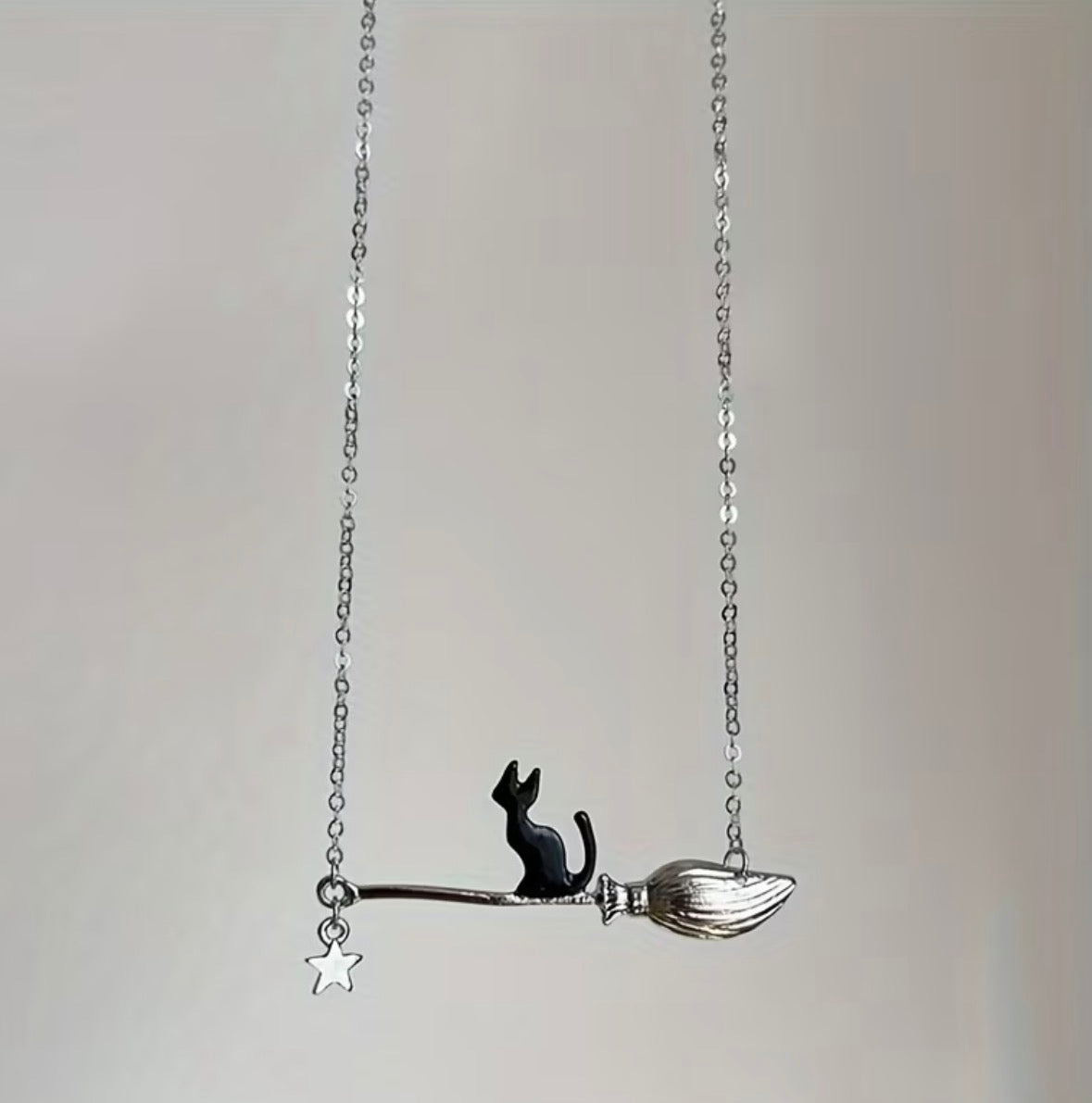 Black Cat Riding Broom Necklace