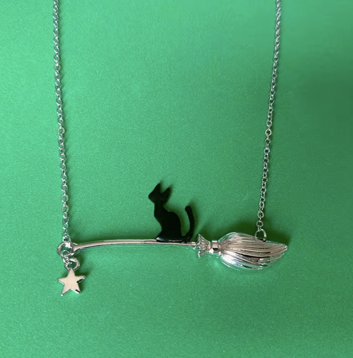 Black Cat Riding Broom Necklace