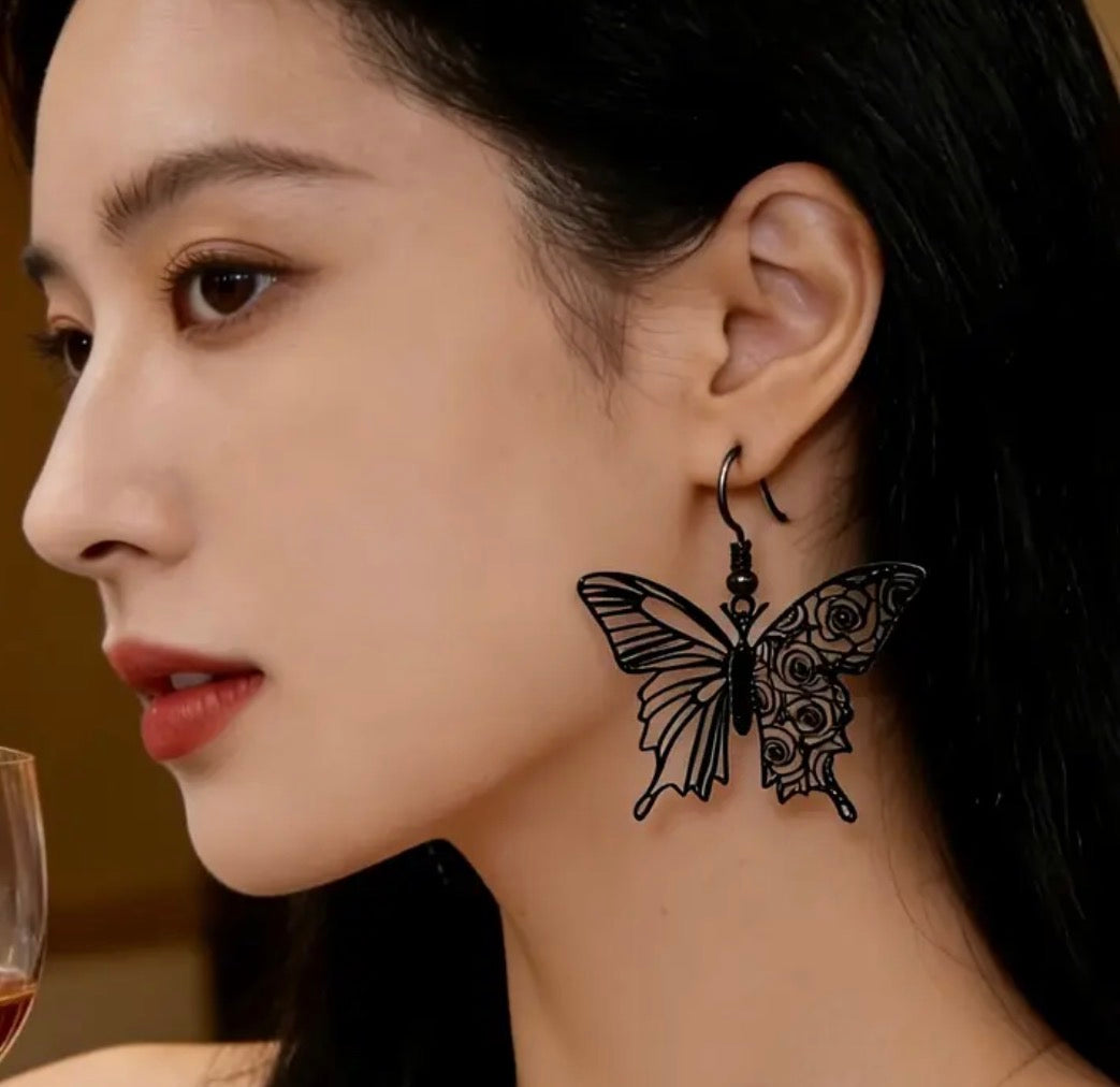 Trendy Pair of Black Butterfly Earrings