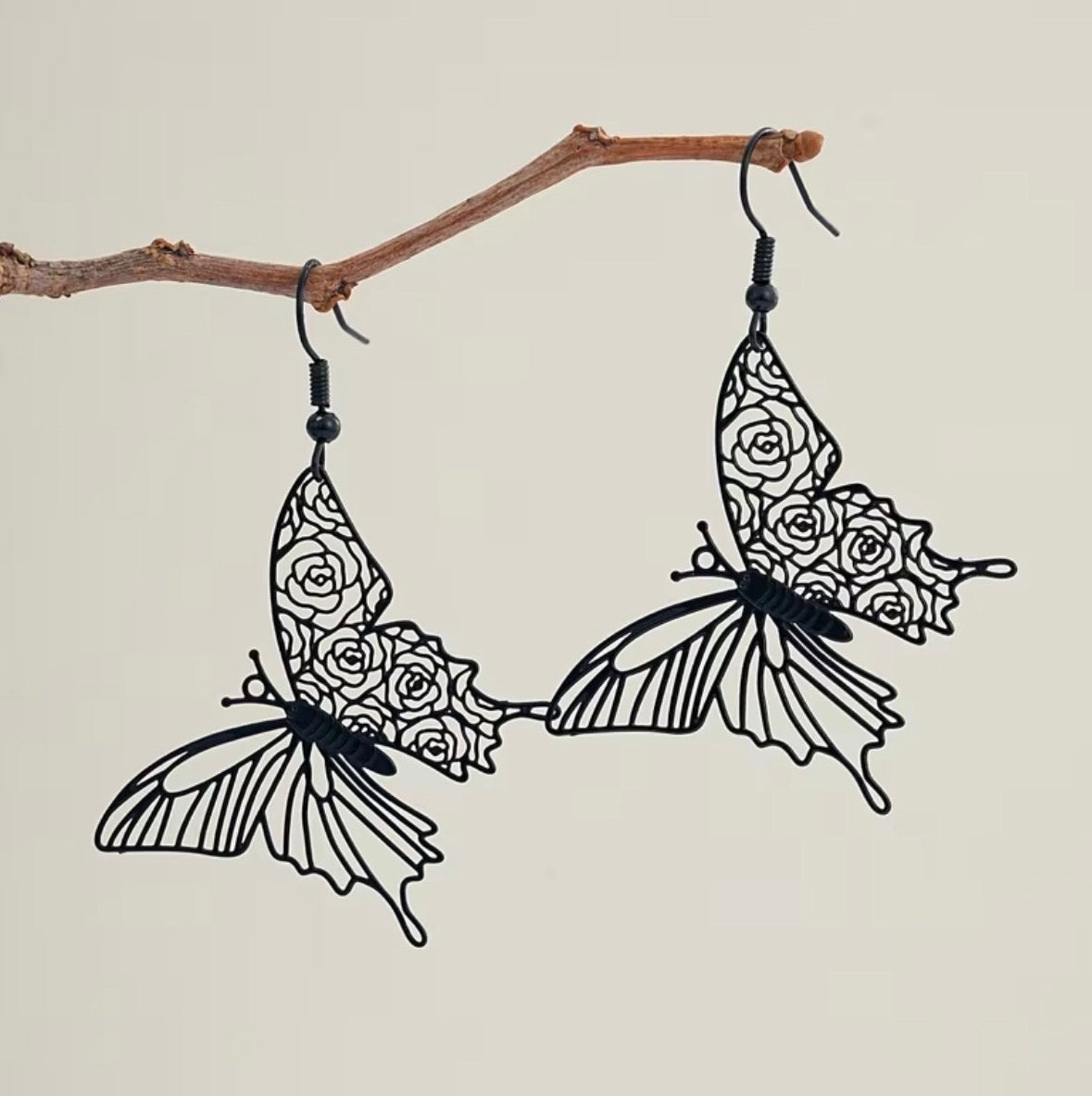 Trendy Pair of Black Butterfly Earrings