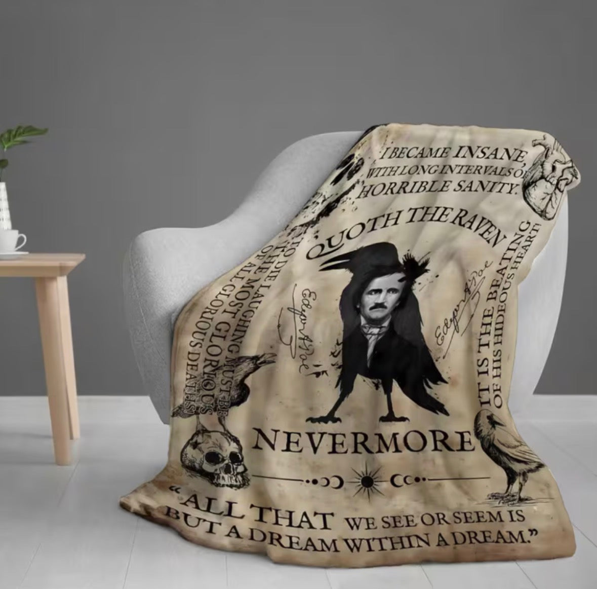 Edgar Allan Poe Gothic Literature Throw Blanket Raven and Skull Design