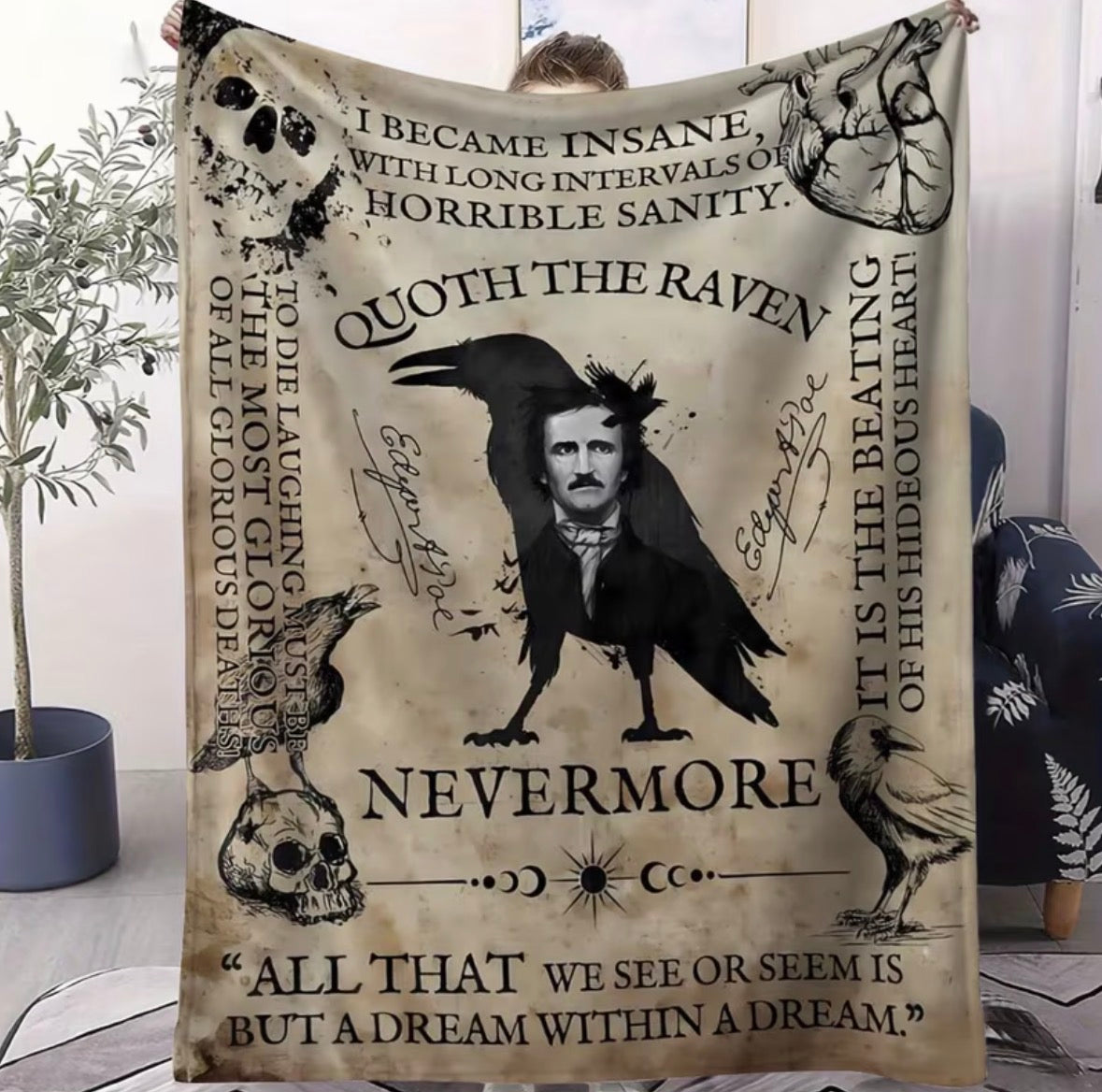 Edgar Allan Poe Gothic Literature Throw Blanket Raven and Skull Design