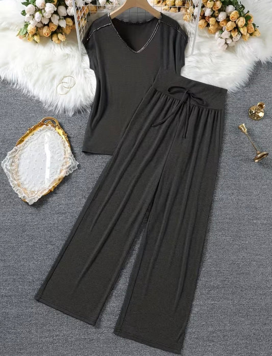 2-piece V-Neck Trimmed Top and Wide-Leg Pants Loungewear Set