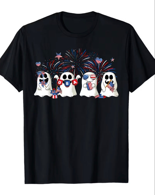 Short Sleeve Graphic T-shirt - 4Th of July Independence Day Shirt with Ghosts and Fireworks