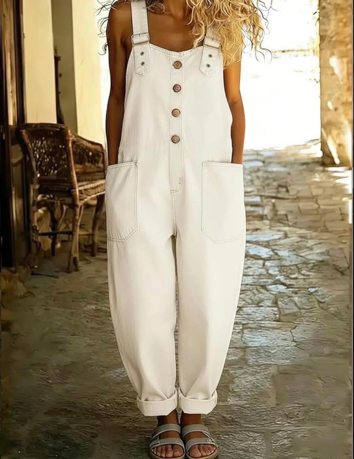 Wide Leg Overalls with Front Button Closure and Round Neck