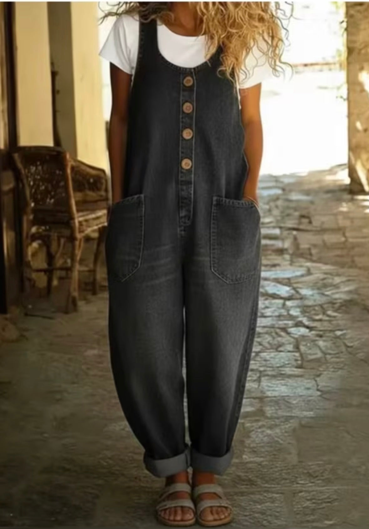 Wide Leg Overalls with Front Button Closure and Round Neck