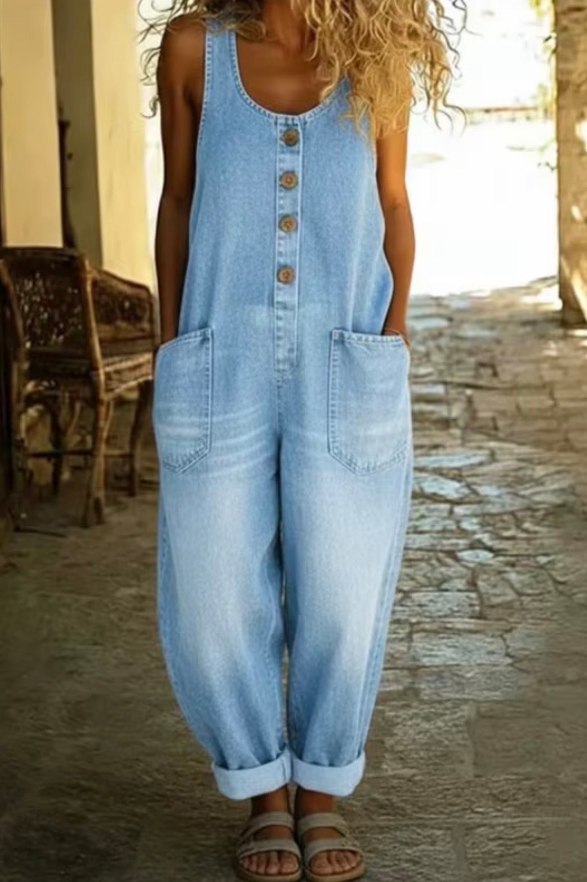 Wide Leg Overalls with Front Button Closure and Round Neck