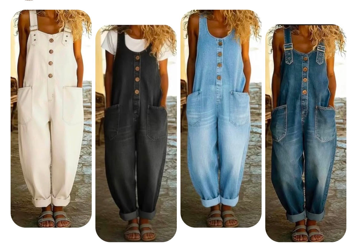 Wide Leg Overalls with Front Button Closure and Round Neck