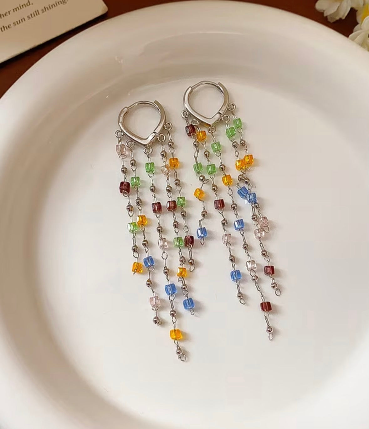 Japanese Style Square Artificial Glass Long Tassel Style Hoop Earrings