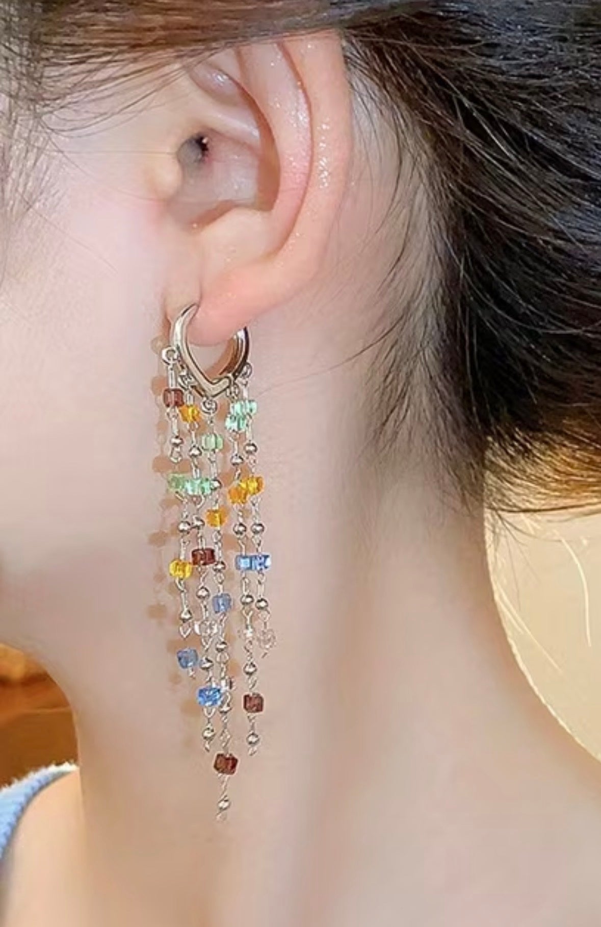 Japanese Style Square Artificial Glass Long Tassel Style Hoop Earrings