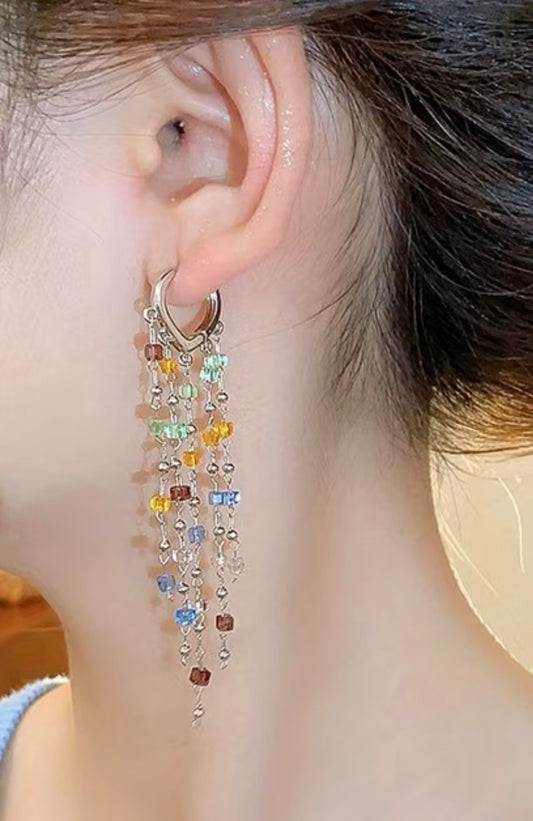 Japanese Style Square Artificial Glass Long Tassel Style Hoop Earrings