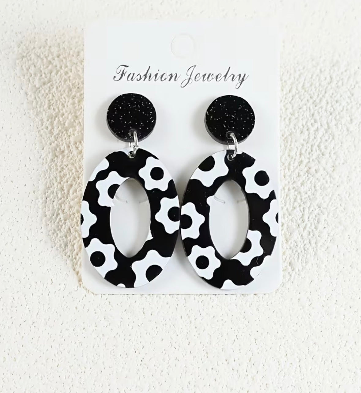 Bohemian Black and White Sparkling Earrings with White Flower Studs