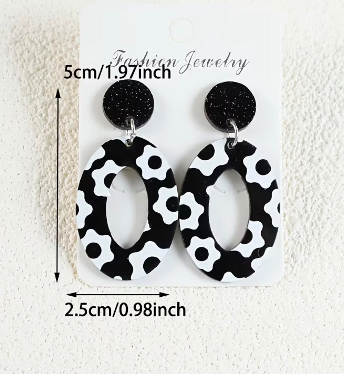 Bohemian Black and White Sparkling Earrings with White Flower Studs